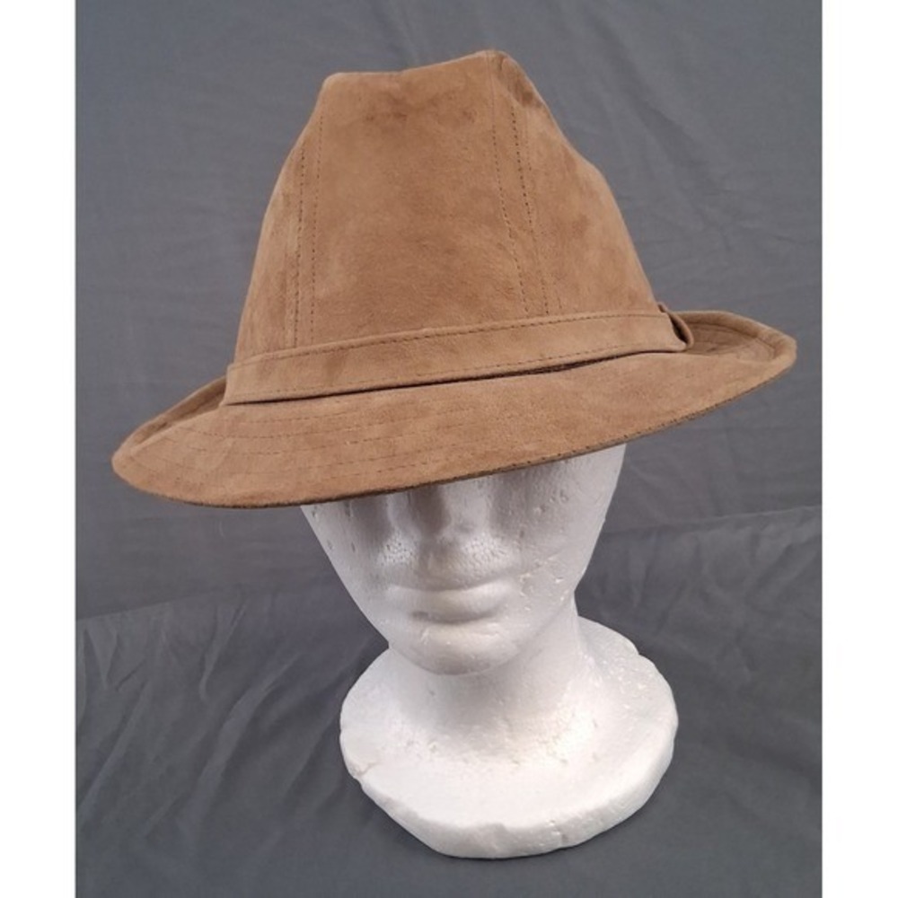 Borsalino Tan Suede Fedora Hat Mens L Feather Accent Trilby Style